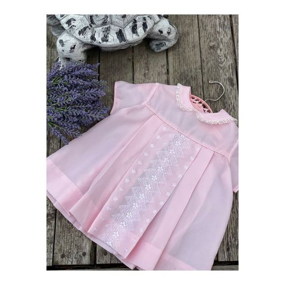 1950s Goosey Gander Pink Party Dress White Floral Embroidery Peter Pan Collar - Picture 2 of 16